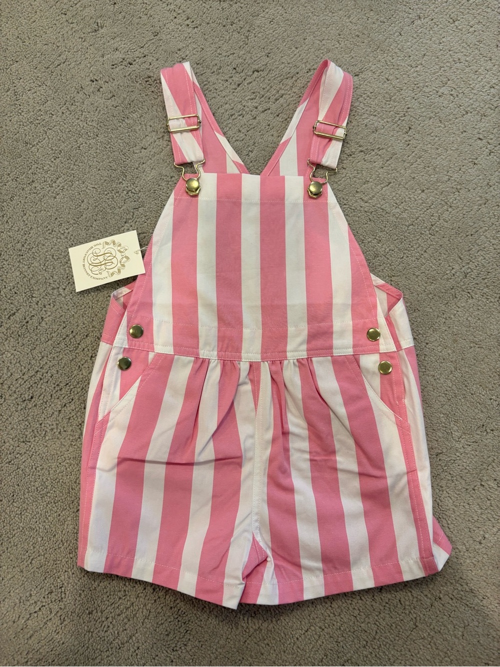 NWT The Beaufort Bonnet Company Pink White Striped Choo Choo Overalls Size 5